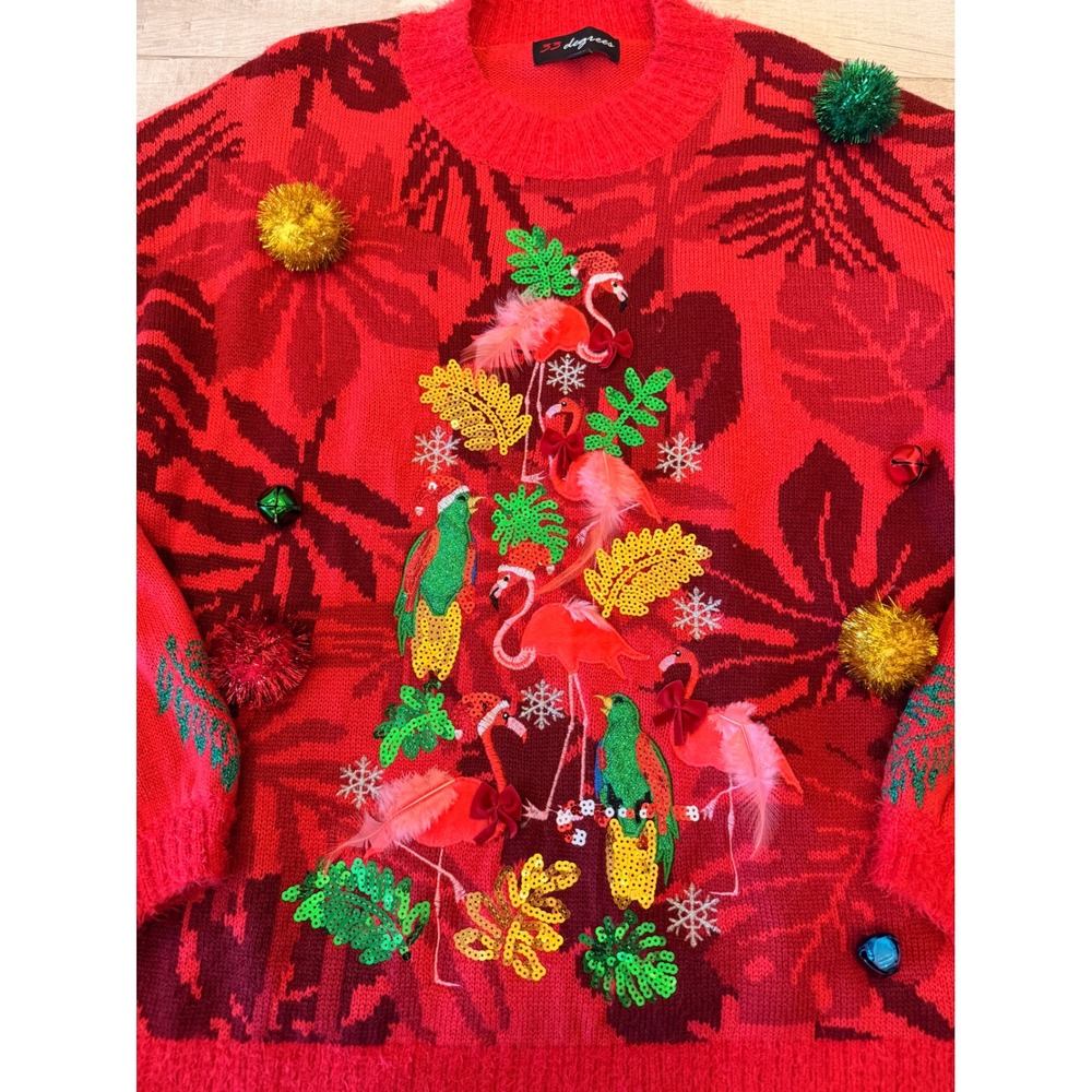 33 Degrees Red Tropical Flamingo Parrot Ugly Christmas Sweater Sequin Pom Pom L